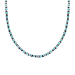 COLLANA CATENA CON ANELLI E CILINDRETTI PIETRE TURCHESE IN ACCIAIO