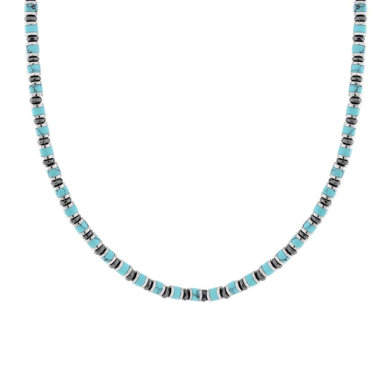 COLLANA CATENA CON ANELLI E CILINDRETTI PIETRE TURCHESE IN ACCIAIO
