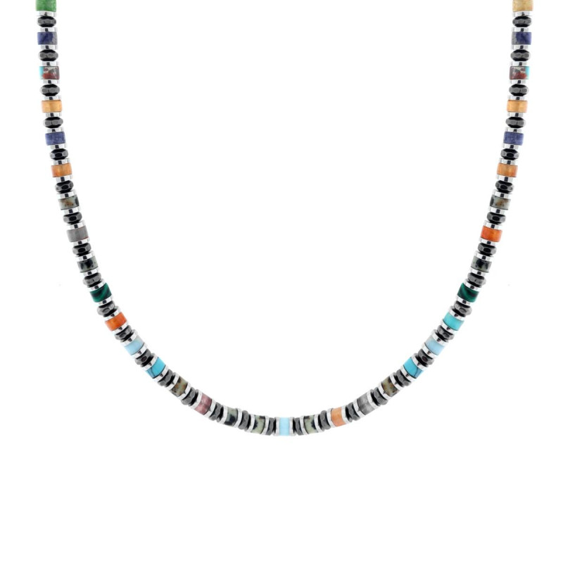 COLLANA CATENA CON ANELLI E CILINDRETTI PIETRE MULTICOLOR IN ACCIAIO