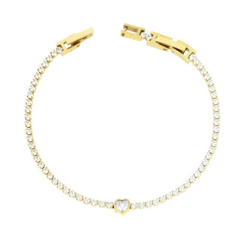 BRACCIALE TENNIS CON CUORE E CRYSTAL BIANCHI CM 16+2 REGOLABILE IN ACCIAIO COLORE ORO