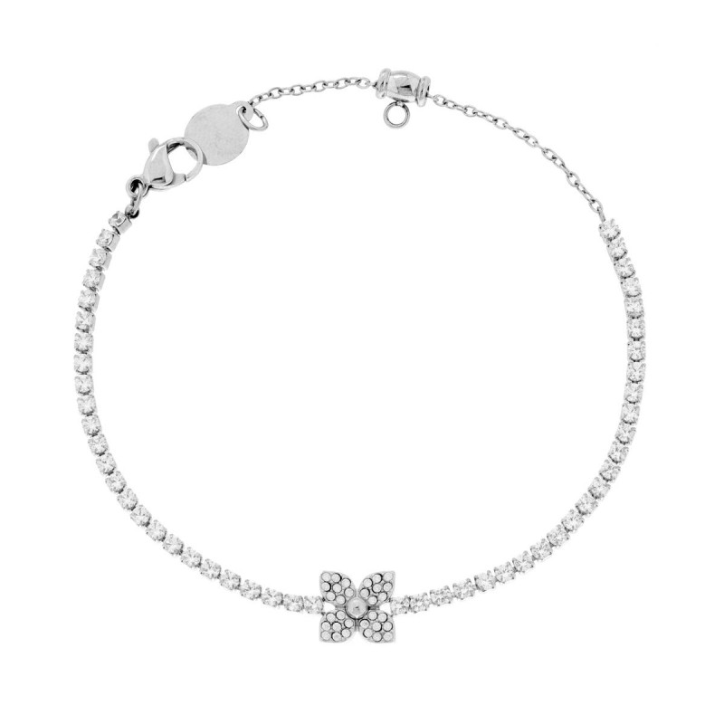 BRACCIALE TENNIS CON FIORE CENTRALE E CRYSTAL BIANCHI IN ACCIAIO