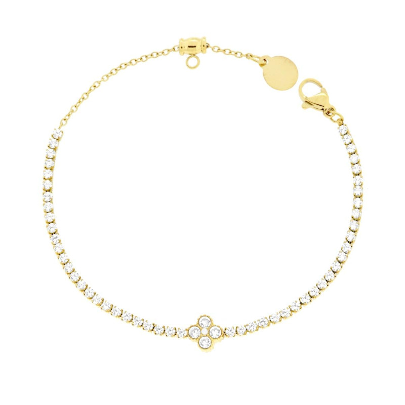 BRACCIALE TENNIS CON QUADRIFOGLIO CENTRALE E CRYSTAL BIANCHI CM 17+2 IN ACCIAIO COLORE ORO