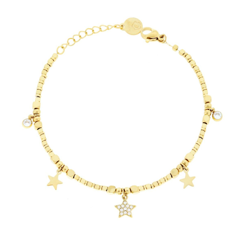 BRACCIALE CATENA CON CUBETTI E STELLE PENDENTI E CRYSTAL BIANCHI IN ACCIAIO COLORE ORO