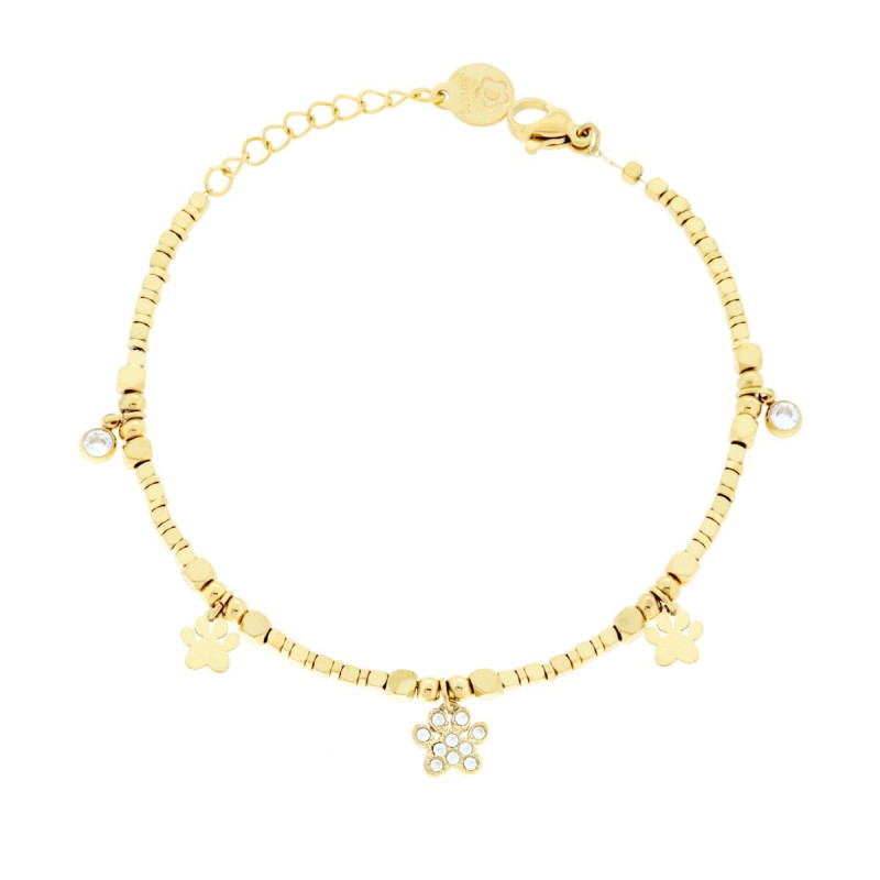 BRACCIALE CATENA CON CUBETTI E IMPRONTA ZAMPA PENDENTI E CRYSTAL BIANCHI IN ACCIAIO COLORE ORO