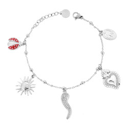 BRACCIALE CATENA FORZATINA DIAMANTATA CON CHARMS PENDENTI CUORE VOTIVO SOLE MEDAGLIETTA MADONNA CORNO CON CRYSTAL BIANCHI E COCC