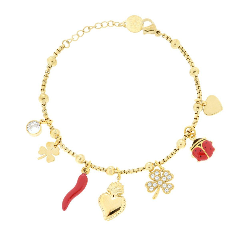 BRACCIALE CATENA VENEZIANA TONDA CON CHARMS PORTAFORTUNA CUORE VOTIVO QUADRIFOGLIO COCCINELLA E CORNO CON SMALTO ROSSO E CRYSTAL