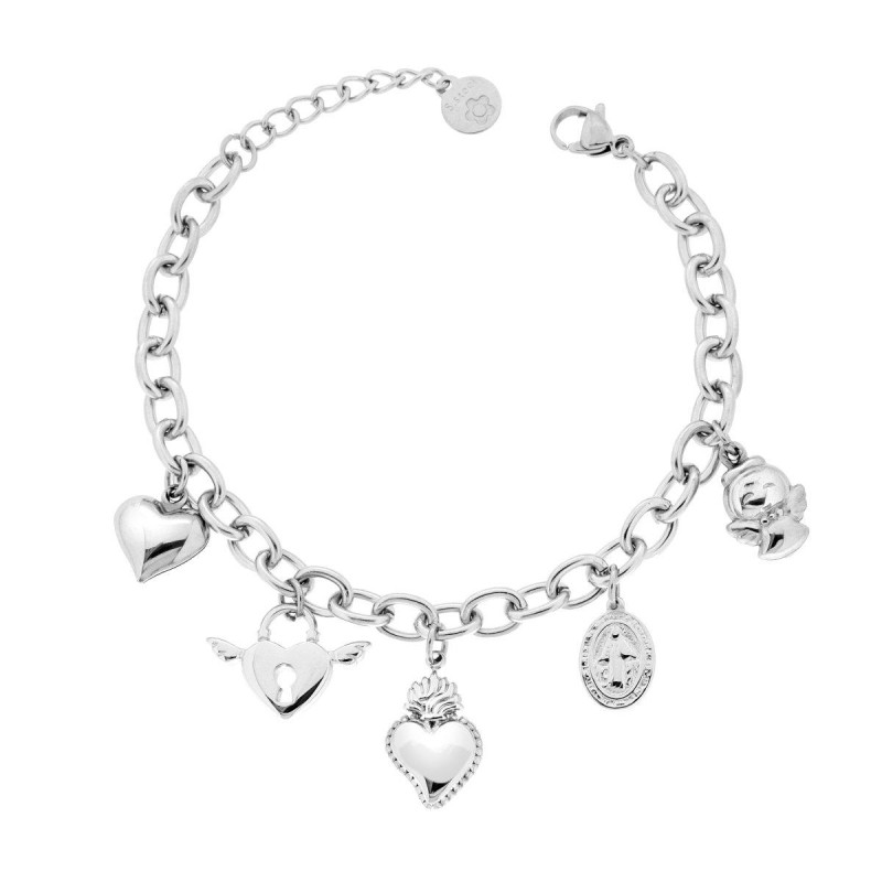 BRACCIALE CATENA FORZATINA CON CHARMS PENDENTI CUORE VOTIVO E LUCCHETTO MEDAGLIETTA MADONNA E ANGELO IN ACCIAIO