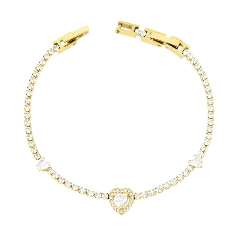 BRACCIALE TENNIS CON CUORI E CRYSTAL BIANCHI CM 17+2 IN ACCIAIO COLORE ORO