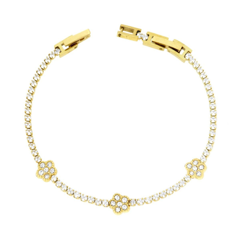 BRACCIALE TENNIS CON FIORI E CRYSTAL BIANCHI CM 17+2 IN ACCIAIO COLORE ORO