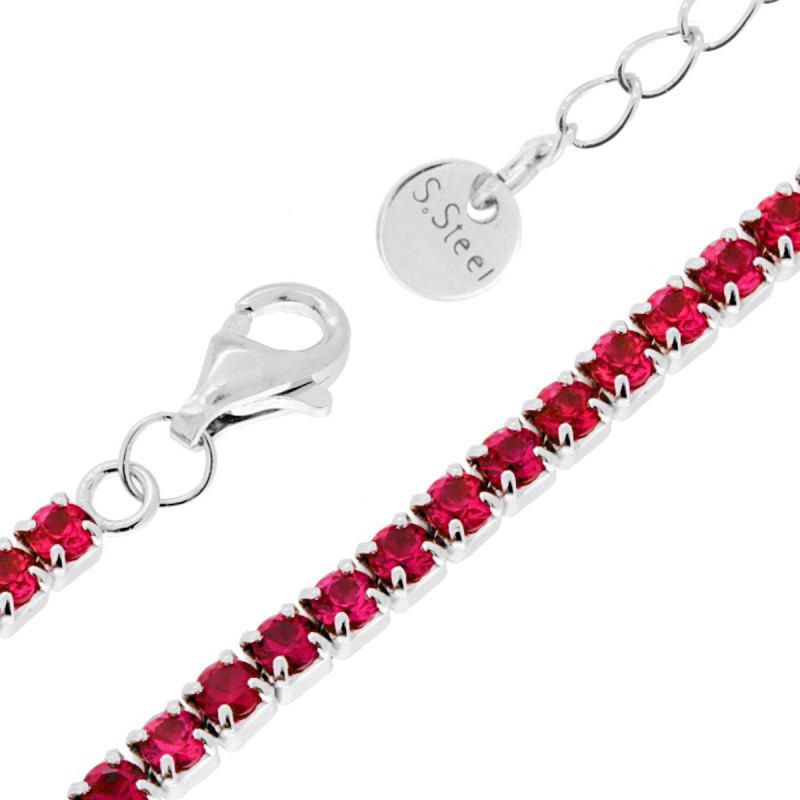 BRACCIALE TENNIS GRIFFE CM 16+5 CON CRYSTAL MM 3 ROSSO RUBINO IN ACCIAIO