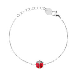 BRACCIALE CATENA FORZATINA DIAMANTATA CON COCCINELLA SMALTO ROSSO IN ACCIAIO