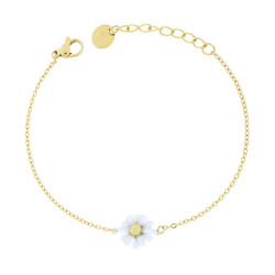 BRACCIALE CATENA FORZATINA DIAMANTATA CON FIORE SMALTO BIANCO IN ACCIAIO COLORE ORO