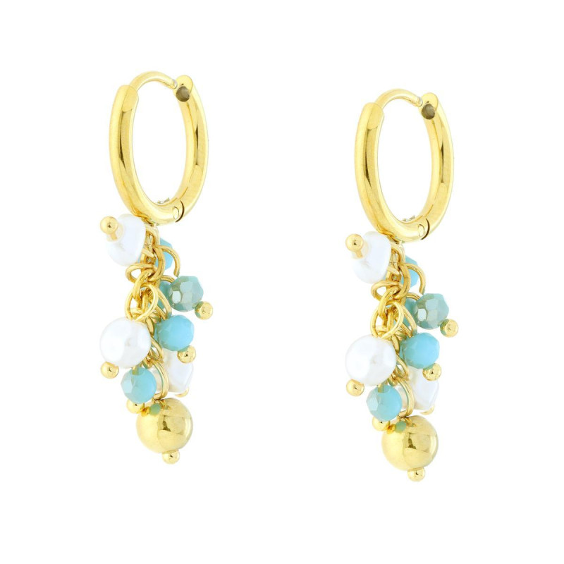 ORECCHINI CERCHIO CON MOLTITUDINE DI PERLE E CRYSTAL TURCHESE PENDENTI IN ACCIAIO COLORE ORO