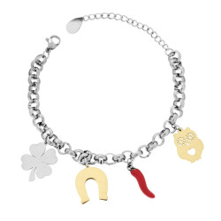 BRACCIALE CATENA ROLO CON CHARMS PORTAFORTUNA COLORE ORO E CORNO SMALTO ROSSO PENDENTI IN ACCIAIO