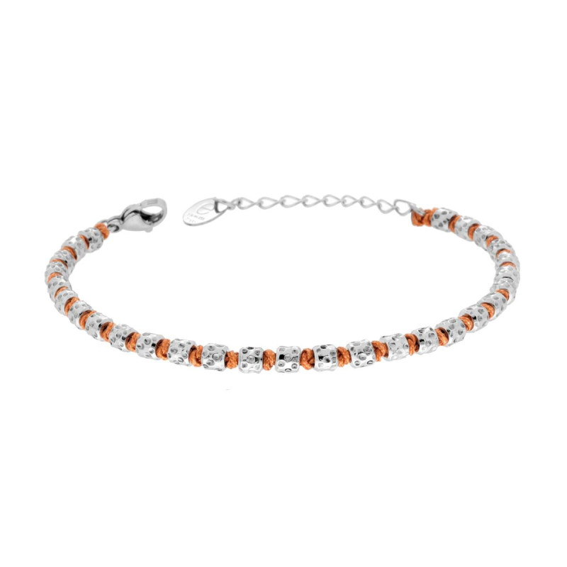 BRACCIALE CATENA DI CILINDRETTI MARTELLATI ALTERNATI A NODI IN COTONE ARANCIONE IN ACCIAIO