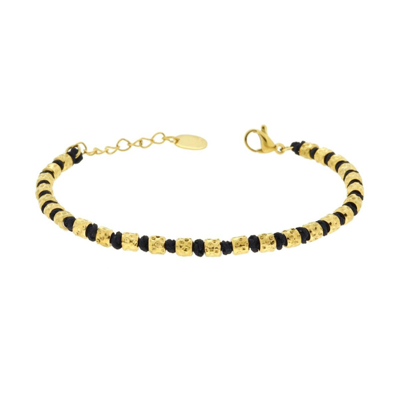 BRACCIALE CATENA DI CILINDRETTI MARTELLATI ALTERNATI A NODI IN COTONE NERO IN ACCIAIO COLORE ORO