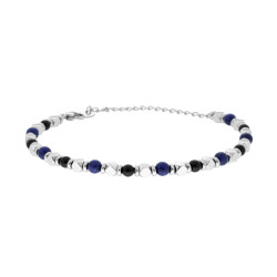 BRACCIALE CATENA CON CUBETTI E PIETRE BLU LAPISLAZZULI E NERE ONICE IN ACCIAIO