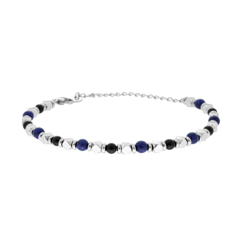 BRACCIALE CATENA CON CUBETTI E PIETRE BLU LAPISLAZZULI E NERE ONICE IN ACCIAIO