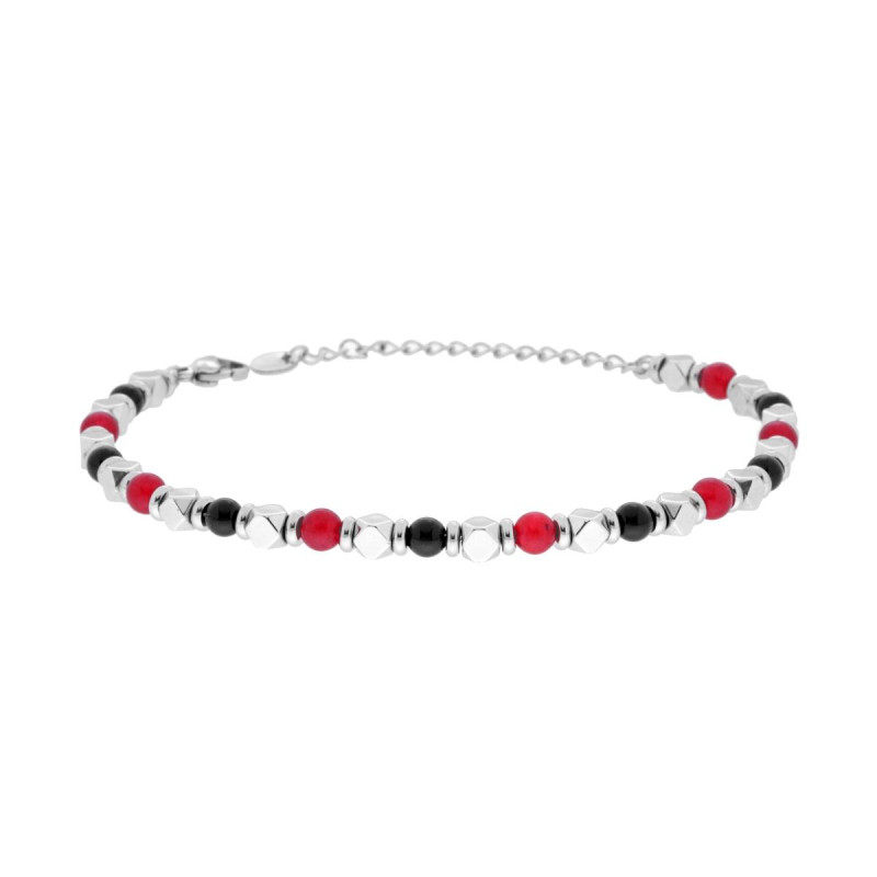 BRACCIALE CATENA CON CUBETTI E PIETRE ROSSO CORNIOLA E NERO ONICE IN ACCIAIO