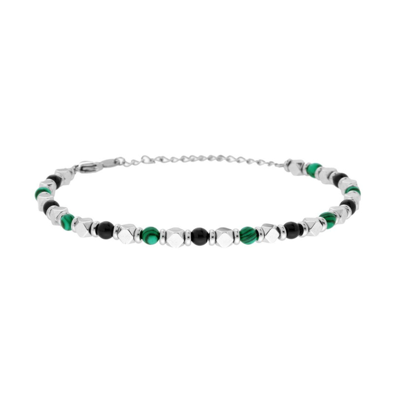 BRACCIALE CATENA CON CUBETTI E PIETRE VERDE MALACHITE E NERE ONICE IN ACCIAIO