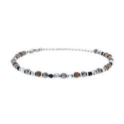 BRACCIALE CATENA CON BULLONCINI ALTERNATI A PIETRE OCCHIO DI TIGRE E BIANCO HOWLITE IN ACCIAIO