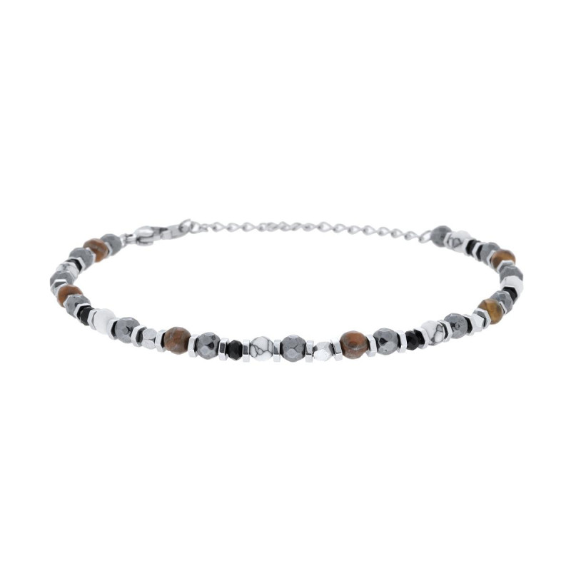 BRACCIALE CATENA CON BULLONCINI ALTERNATI A PIETRE OCCHIO DI TIGRE E BIANCO HOWLITE IN ACCIAIO