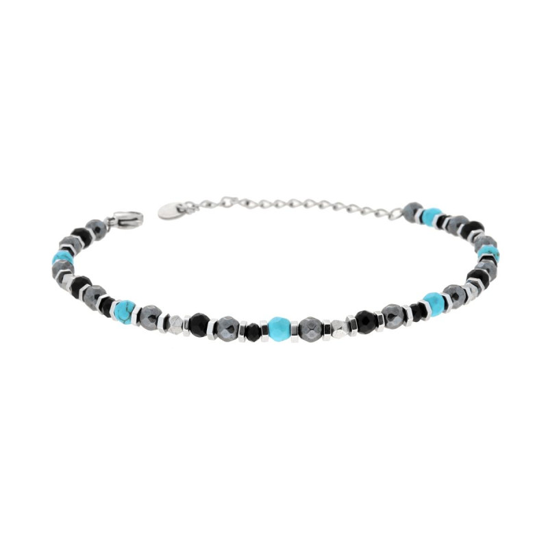 BRACCIALE CATENA CON BULLONCINI ALTERNATI A PIETRE TURCHESE E MULTICOLOR IN ACCIAIO