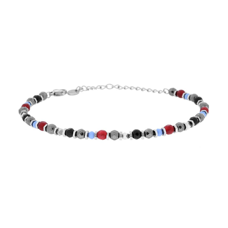 BRACCIALE CATENA CON BULLONCINI ALTERNATI A PIETRE CORNIOLA ROSSO E MULTICOLOR IN ACCIAIO