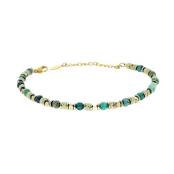 BRACCIALE CATENA CON CUBETTI CILINDRETTI E PIETRE VERDI IN ACCIAIO COLORE ORO