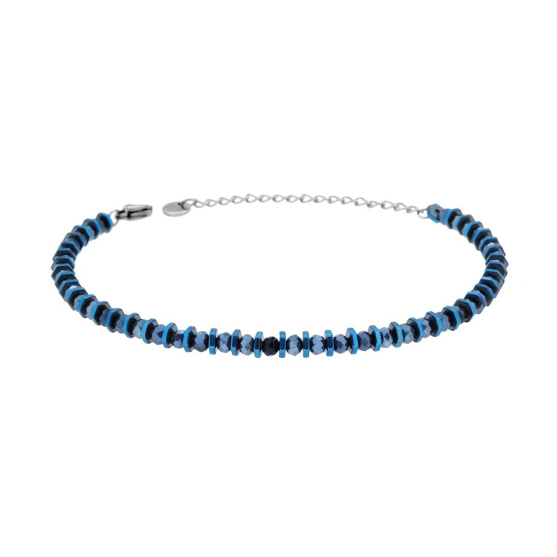 BRACCIALE CATENA DI BULLONCINI E CRYSTAL BLU IN ACCIAIO