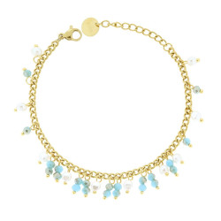 BRACCIALE CATENA GRUMETTA CON PERLE BIANCHE E CRYSTAL TURCHESE IN ACCIAIO COLORE ORO