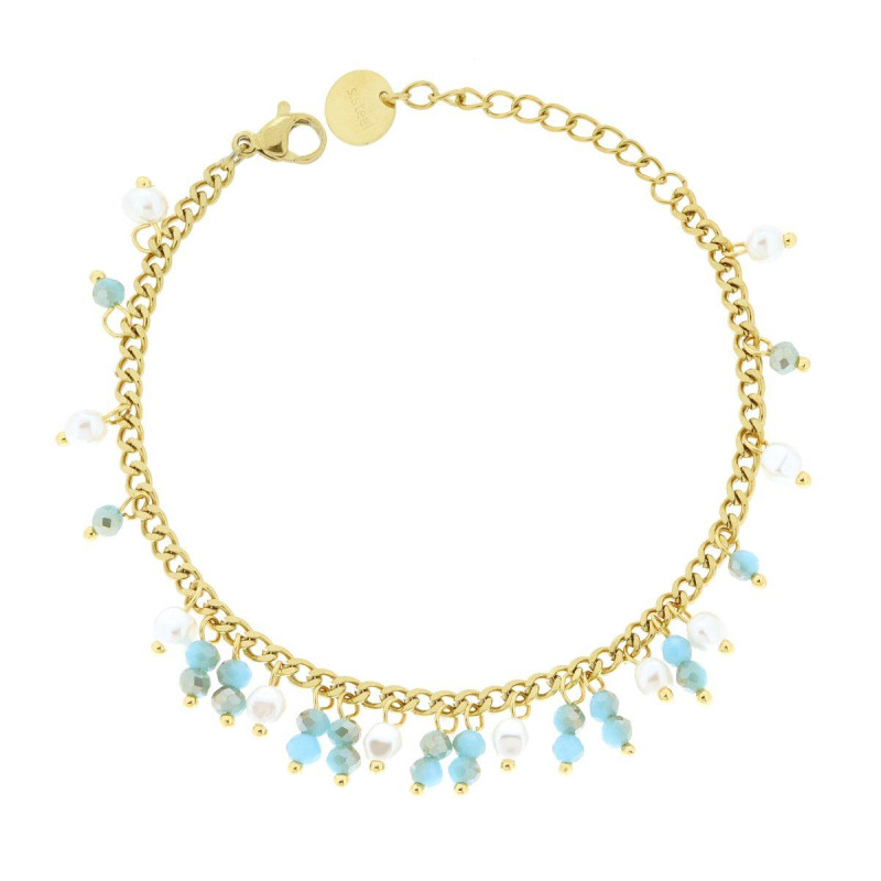 BRACCIALE CATENA GRUMETTA CON PERLE BIANCHE E CRYSTAL TURCHESE IN ACCIAIO COLORE ORO