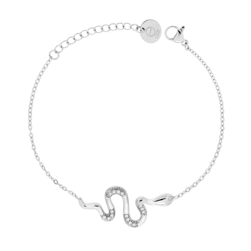 BRACCIALE CATENA FORZATINA DIAMANTATA CON SERPENTE E CRYSTAL BIANCHI IN ACCIAIO