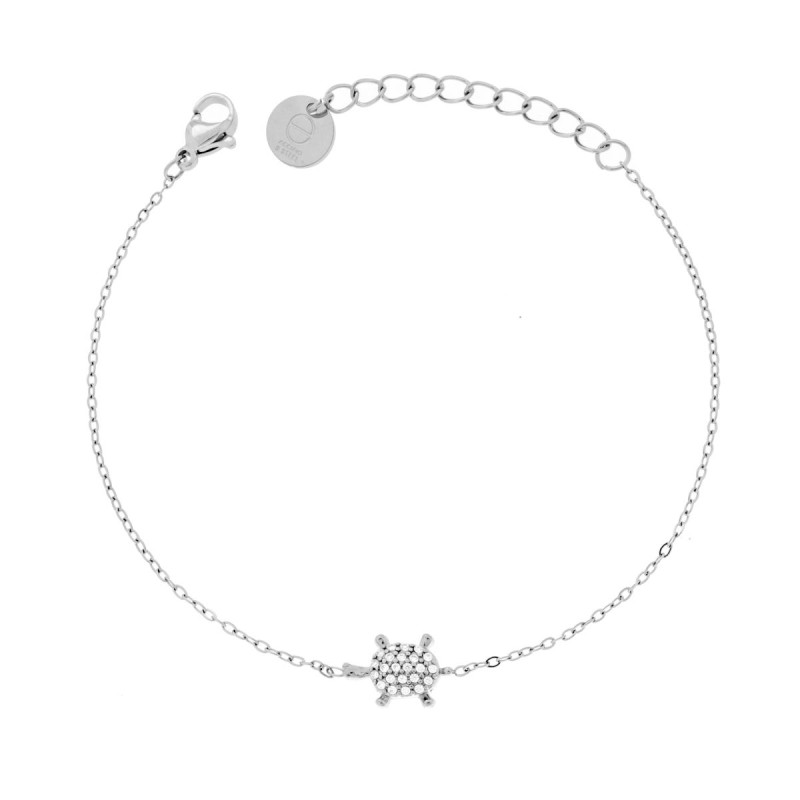 BRACCIALE CATENA FORZATINA DIAMANTATA CON TARTARUGA E CRYSTAL BIANCHI IN ACCIAIO