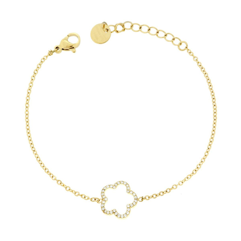 BRACCIALE CATENA FORZATINA DIAMANTATA CON FIORE E CRYSTAL BIANCHI IN ACCIAIO COLORE ORO