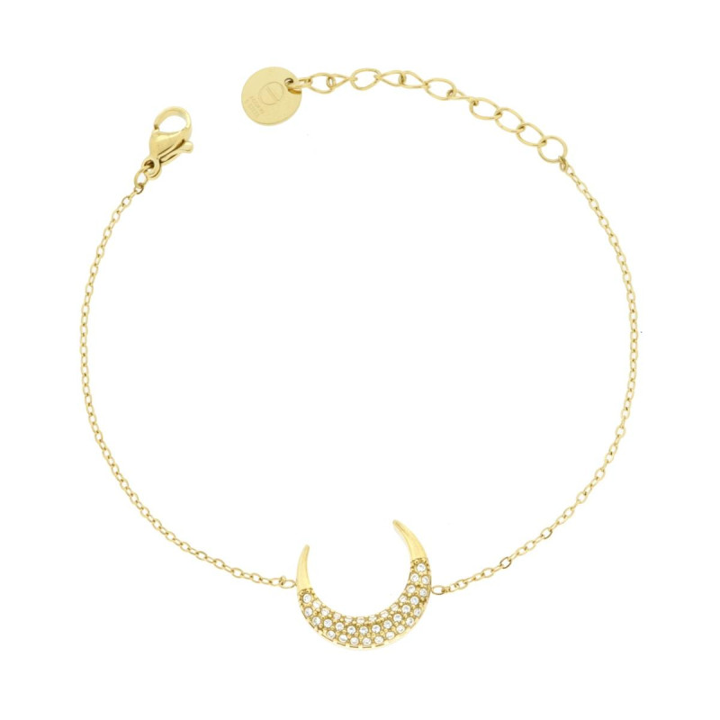 BRACCIALE CATENA FORZATINA DIAMANTATA CON LUNA E CRYSTAL BIANCHI IN ACCIAIO COLORE ORO