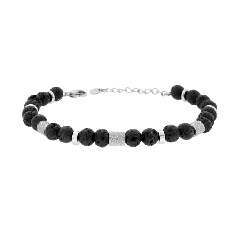 BRACCIALE CATENA CON PIETRA LAVICA NERO E ACCESSORI IN ACCIAIO