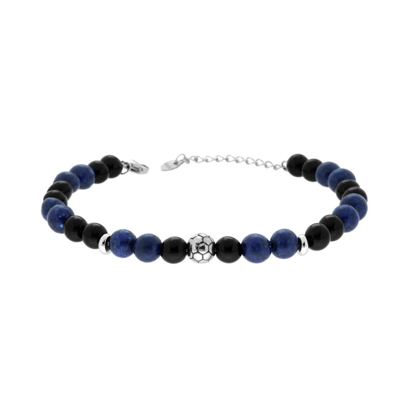 BRACCIALE CATENA CON PIETRE NERO ONICE E BLU LAPISLAZZULI CON PALLA DA CALCIO IN ACCIAIO