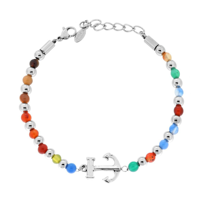 BRACCIALE CATENA CON PALLINE ALTERNATE A PIETRE MULTICOLOR E ANCORA CENTRALE IN ACCIAIO