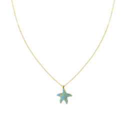 COLLANA CATENA FORZATINA DIAMANTATA CON STELLA MARINA E CRYSTAL TURCHESE IN ACCIAIO COLORE ORO