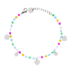 BRACCIALE CATENA CON CRYSTAL MULTICOLOR PASTELLO E CUORI PLAIN PENDENTI IN ACCIAIO