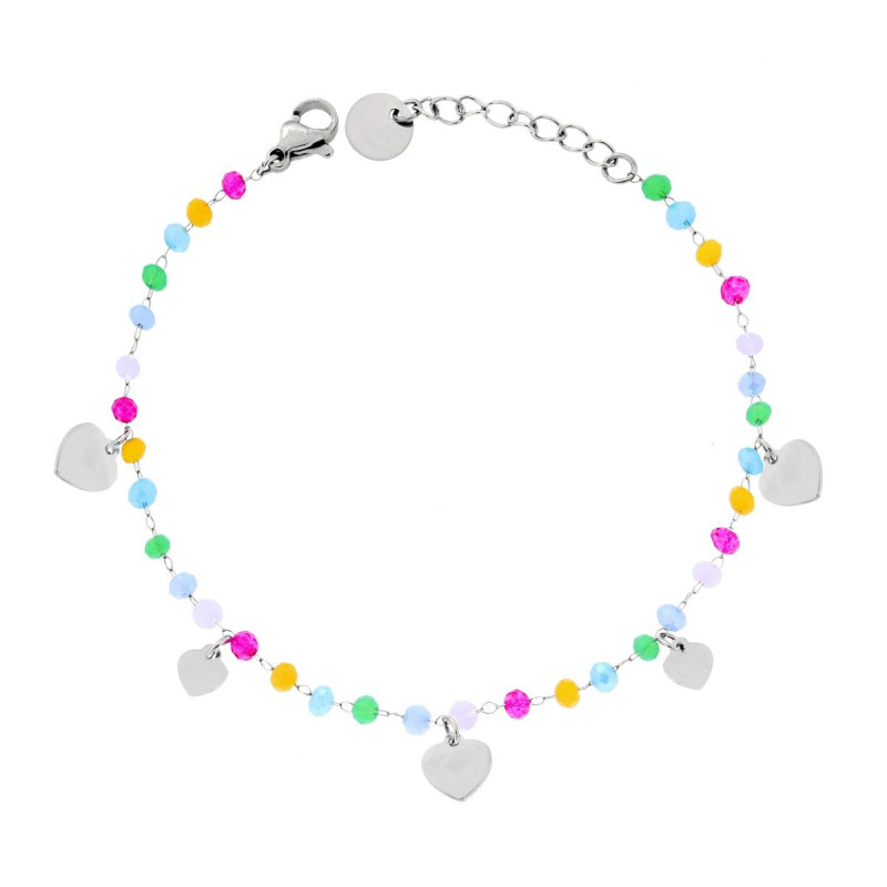 BRACCIALE CATENA CON CRYSTAL MULTICOLOR PASTELLO E CUORI PLAIN PENDENTI IN ACCIAIO