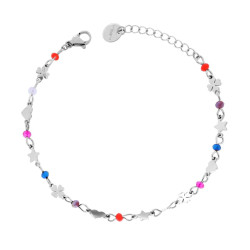 BRACCIALE CATENA CON CUORI STELLE QUADRIFOGLI PLAIN ALTERNATI A CRYSTAL MULTICOLOR IN ACCIAIO