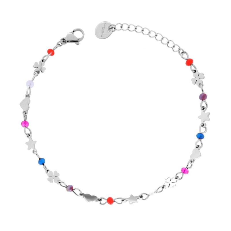 BRACCIALE CATENA CON CUORI STELLE QUADRIFOGLI PLAIN ALTERNATI A CRYSTAL MULTICOLOR IN ACCIAIO