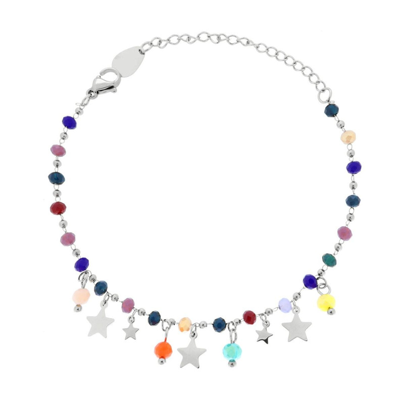 BRACCIALE CATENA CON CRYSTAL MULTICOLOR E STELLE PLAIN PENDENTI IN ACCIAIO