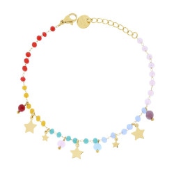 BRACCIALE CATENA CON CRYSTAL MULTICOLOR RAINBOW E STELLE PLAIN PENDENTI IN ACCIAIO COLORE ORO
