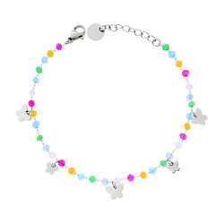 BRACCIALE CATENA CON CRYSTAL MULTICOLOR PASTELLO E FARFALLE PLAIN PENDENTI IN ACCIAIO