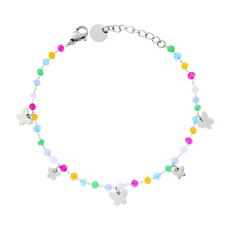 BRACCIALE CATENA CON CRYSTAL MULTICOLOR PASTELLO E FARFALLE PLAIN PENDENTI IN ACCIAIO