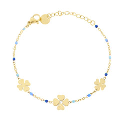 BRACCIALE CATENA FORZATINA DIAMANTATA CON QUADRIFOGLI E SMALTO BLU IN ACCIAIO COLORE ORO