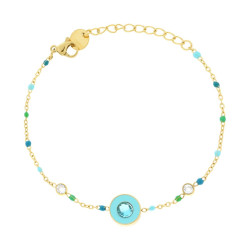 BRACCIALE CATENA FORZATINA DIAMANTATA CON TONDO E CRYSTAL E SMALTO VERDE IN ACCIAIO COLORE ORO